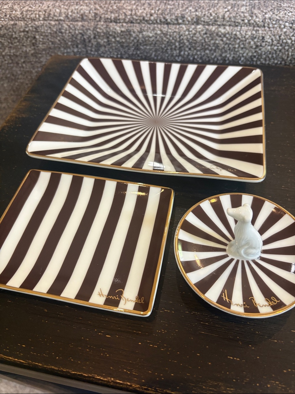 henri bendel Brown & White Striped Trinket Dish Trio with Gold Trim